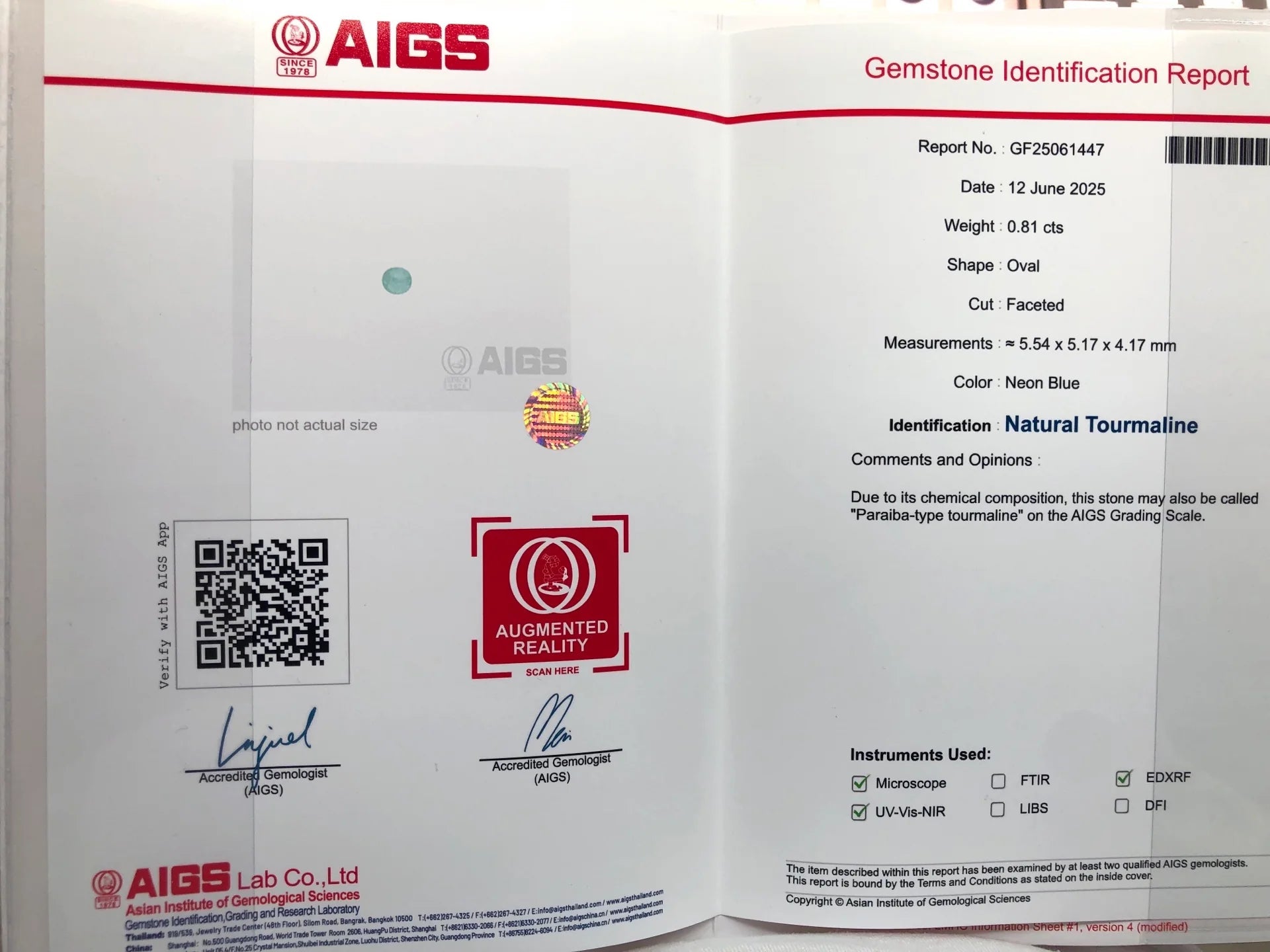 Natural Paraiba Tourmaline 0.81 ct – Oval Cut, AIGS Certified