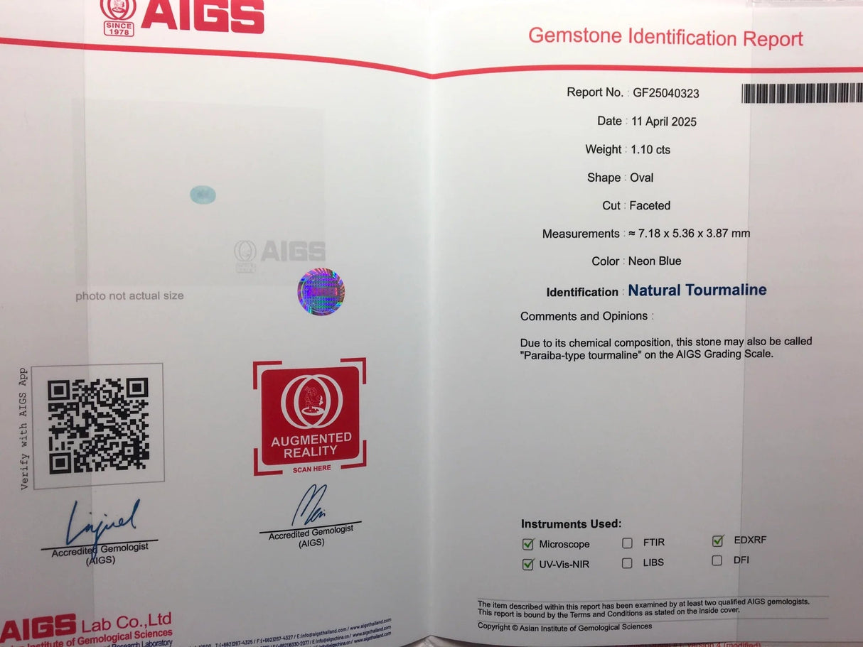 Natural Paraiba Tourmaline 1.10 ct – Oval Cut, AIGS Certified