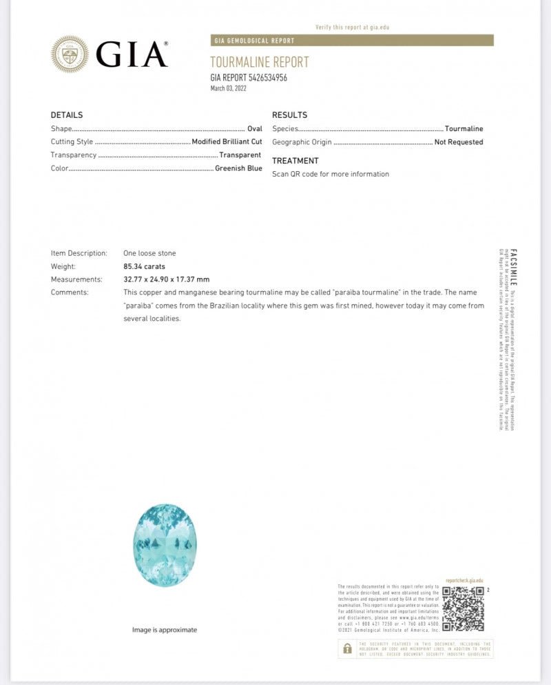 Natural Paraiba Tourmaline 85.34 ct – Oval Cut, GIA Certified