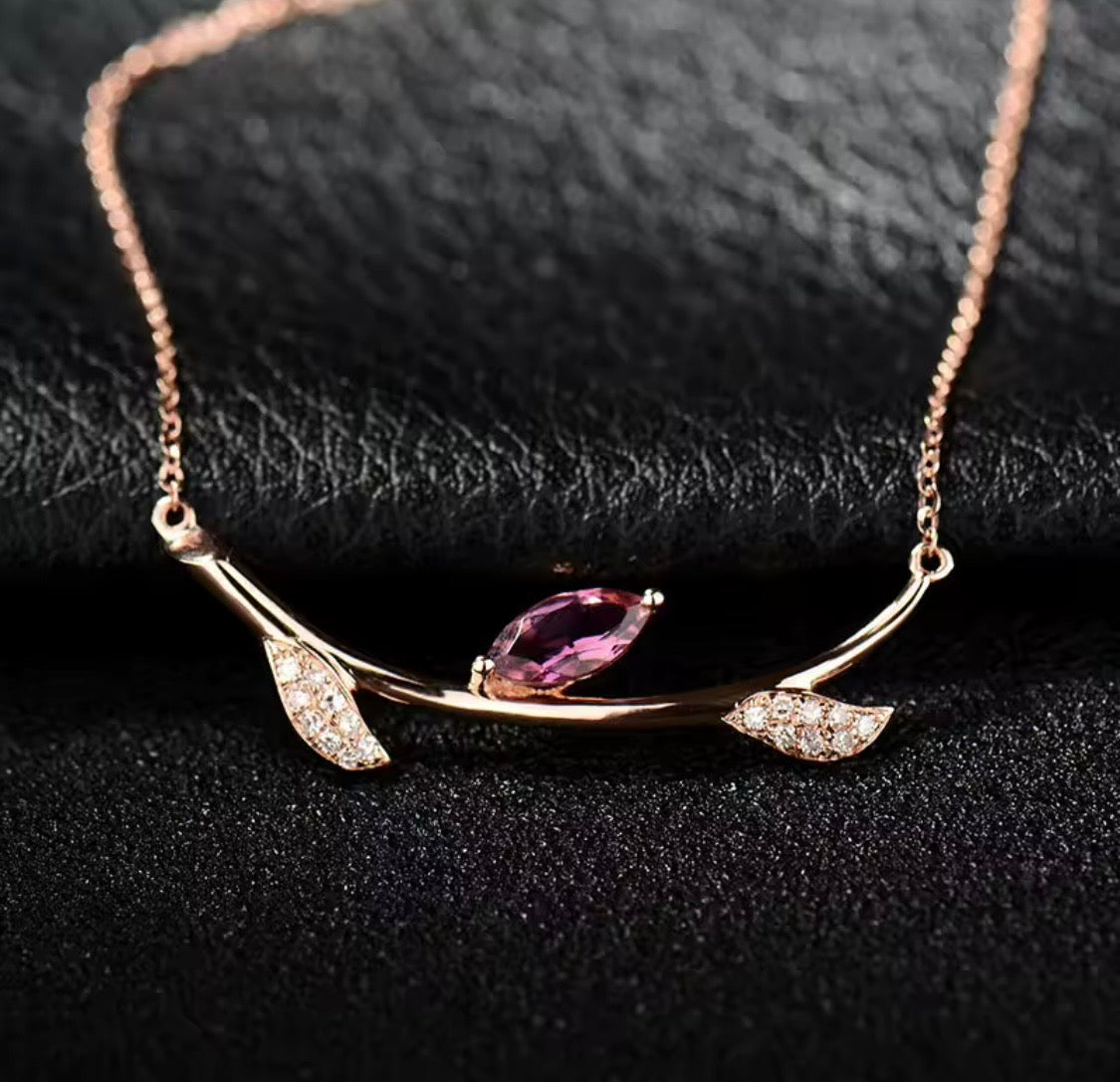 Natural marquise pink tourmaline and diamond necklace in 18K rose gold front view