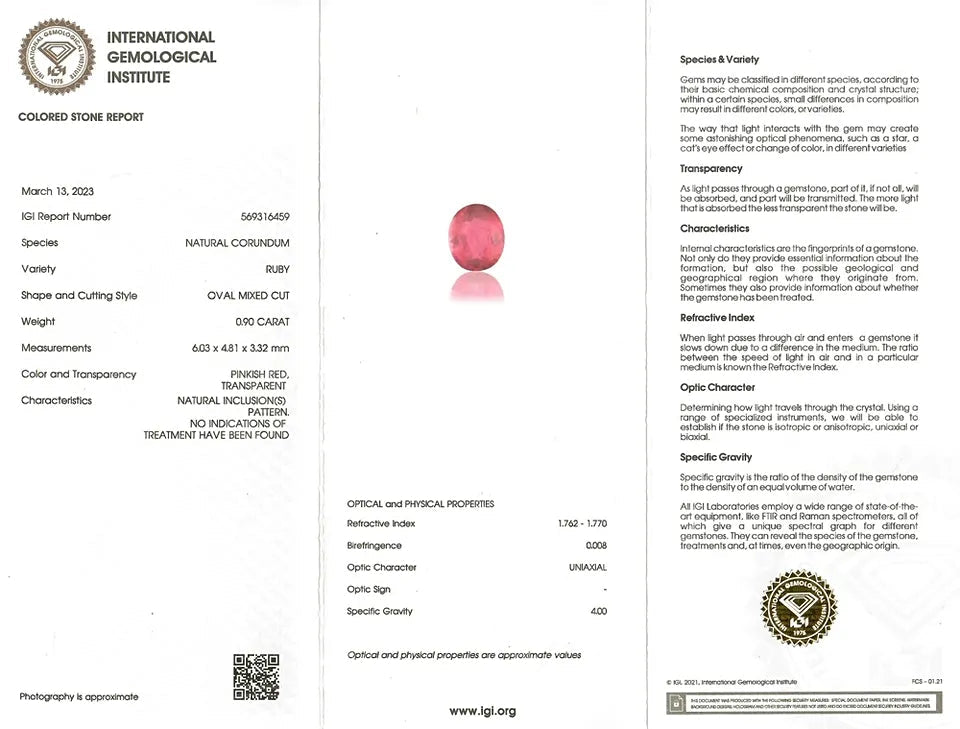 Natural Ruby 0.90 ct – Oval Cut, Pinkish Red, Untreated, IGI Certified
