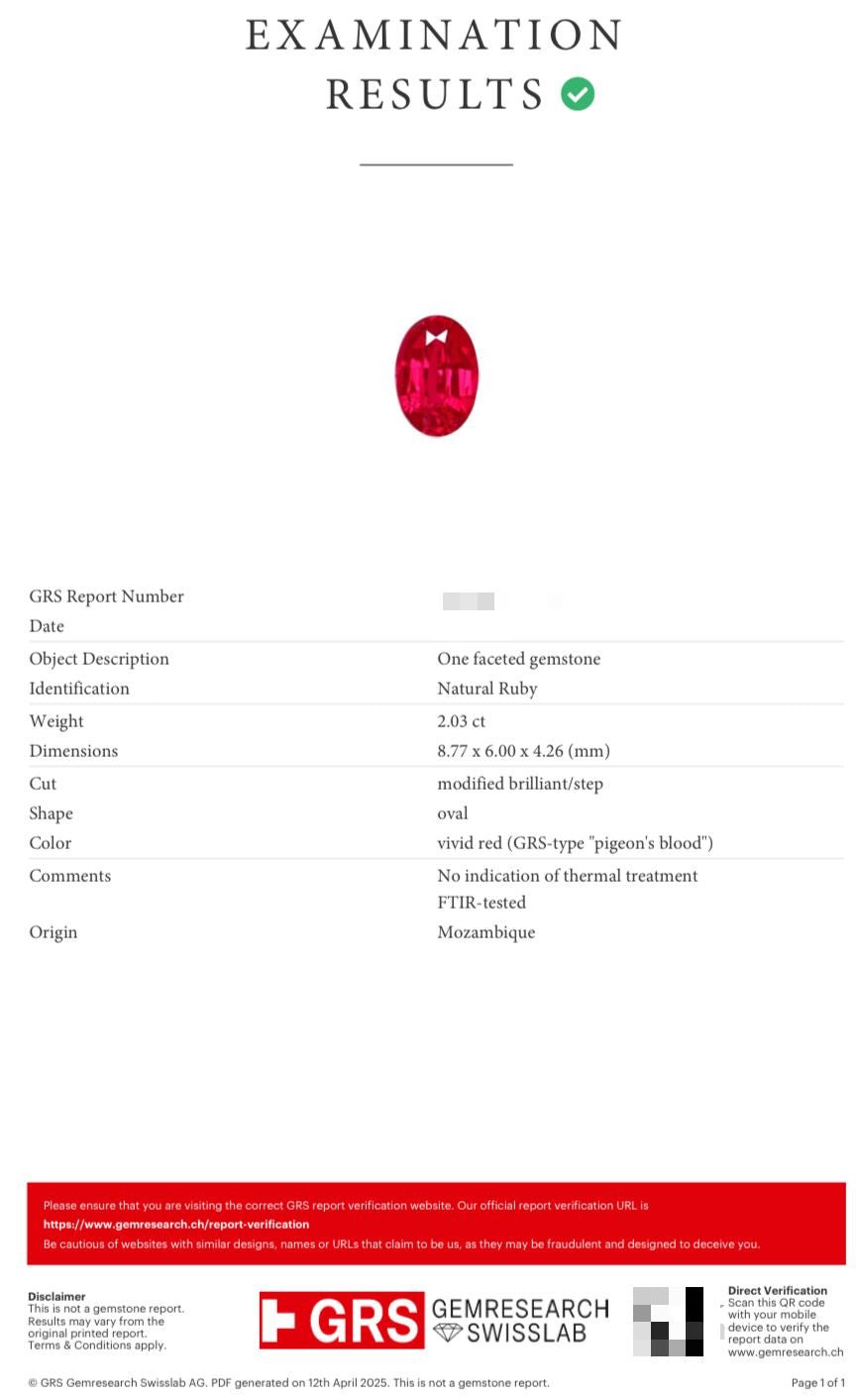 Natural Ruby 2.03 ct – Vivid Red "Pigeon’s Blood", Oval, GRS Certified