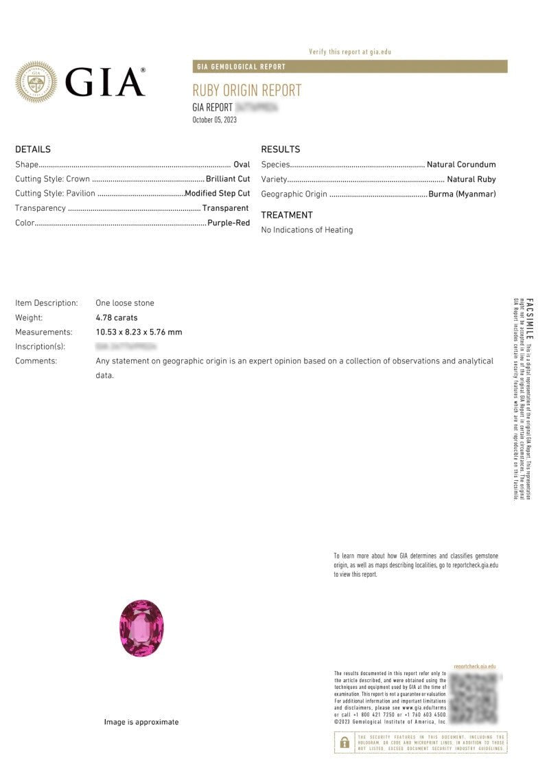 Natural Ruby 4.78 ct – Purple - Red, Oval Cut, Burma, GIA Certified