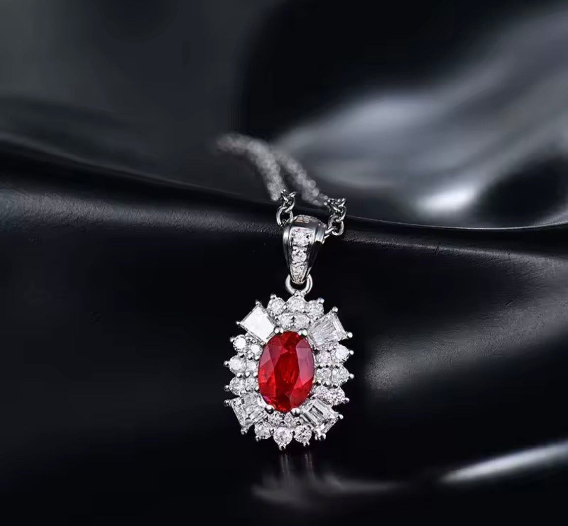 Natural ruby and diamond pendant in 14K white gold lifestyle front view