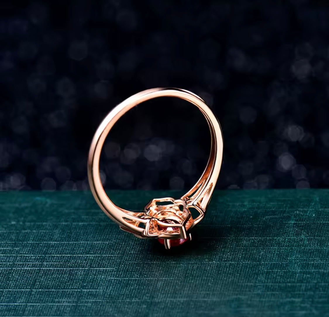 14K rose gold natural ruby diamond ring back and setting view