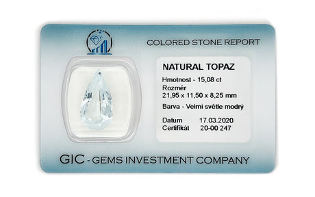 Natural Sky Blue Topaz 15.08 ct – Pear Cut, ČGL Certified