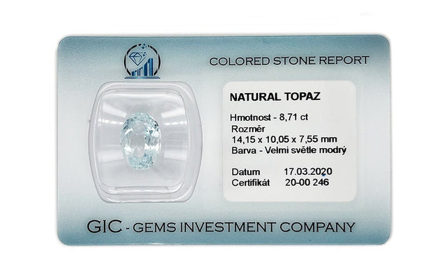 Natural Sky Blue Topaz 8.71 ct – Oval Cut, ČGL Certified