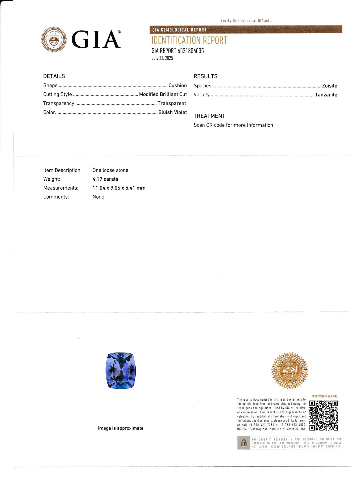 Natural Tanzanite 4.17 ct – Vivid Blue - Violet, Cushion Cut, Heat Treated, GIA Certified