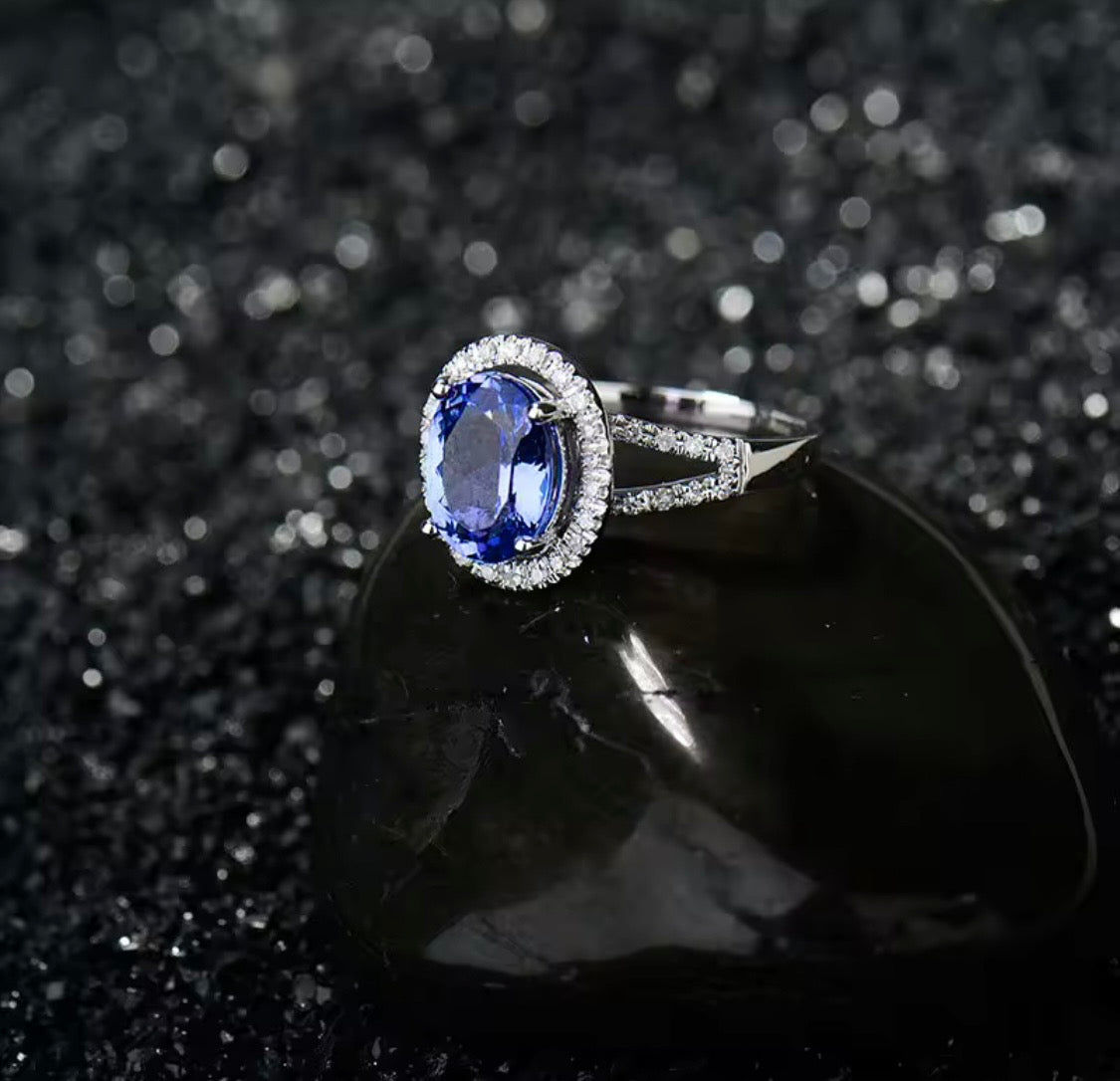 2.67 ct natural tanzanite diamond halo ring in white gold lifestyle view