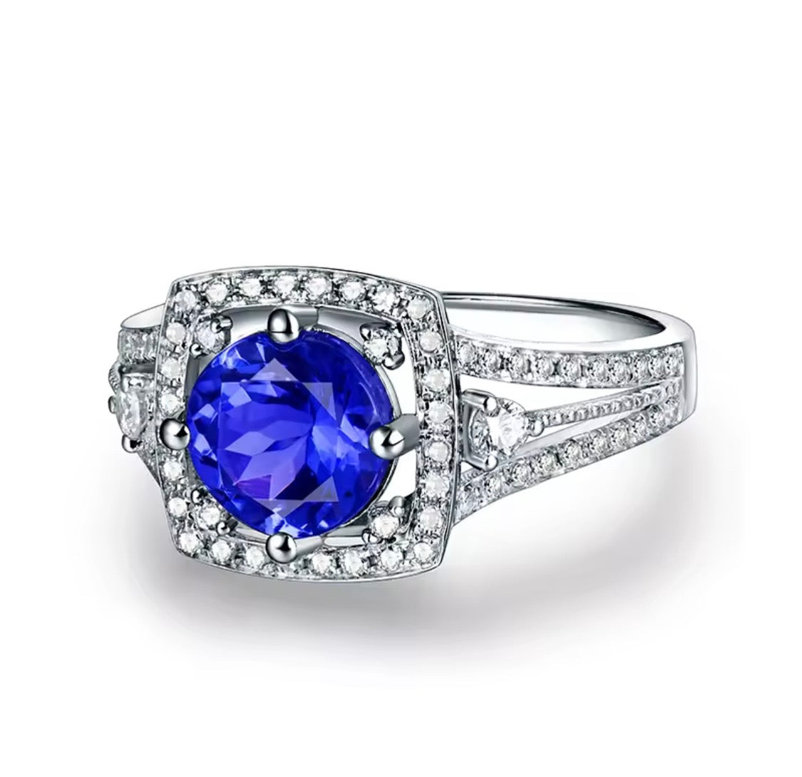 1.53 ct natural tanzanite diamond ring in 14K white gold angle view