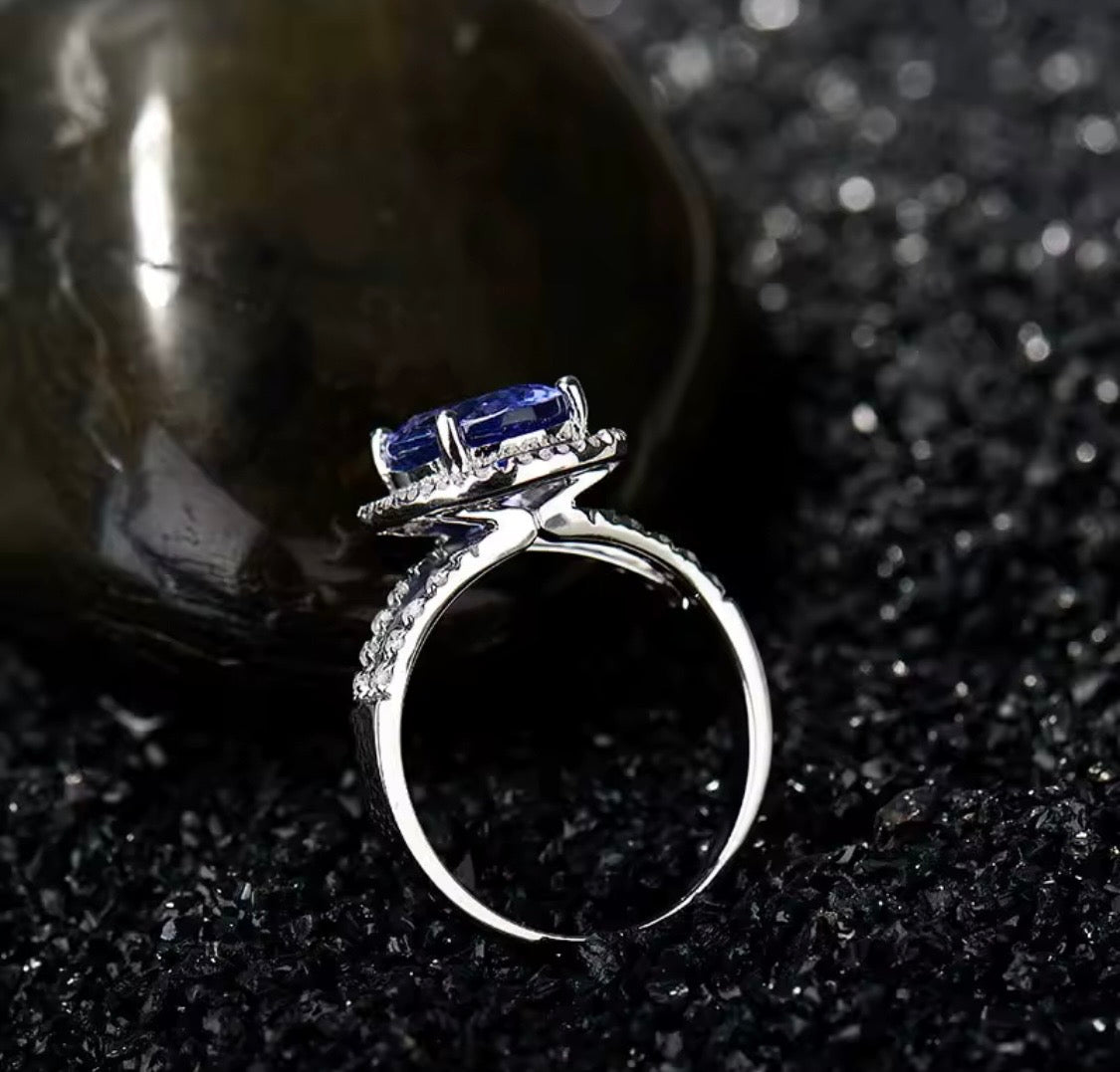 14K white gold natural tanzanite diamond ring back and setting view