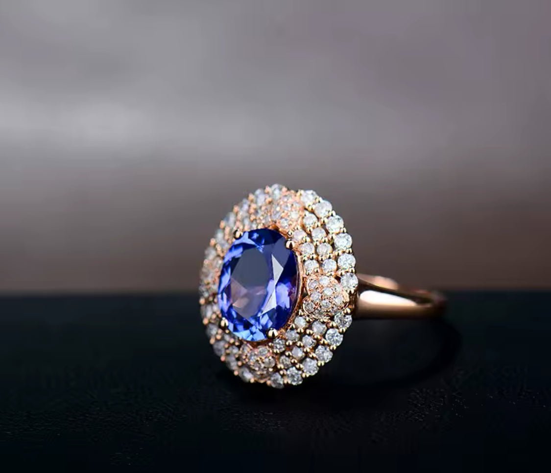 2.09 ct natural blue tanzanite diamond ring in rose gold lifestyle view