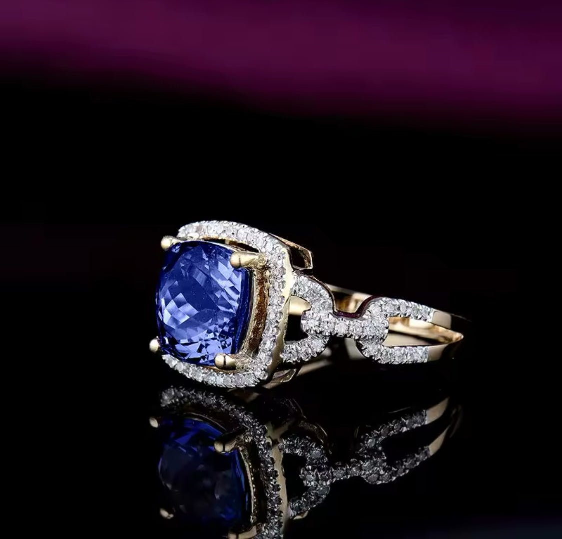 2.50 ct natural tanzanite diamond ring in 14K yellow gold angle view