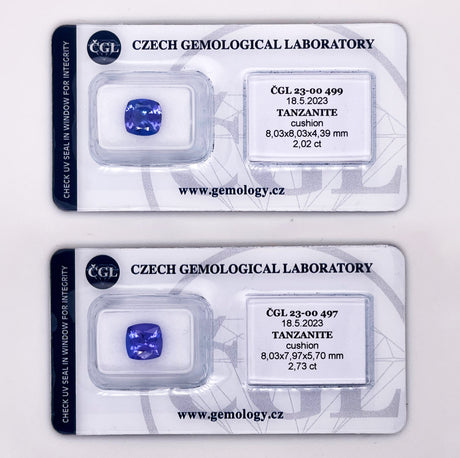 Natural Tanzanite Pair 4.75 ct – Cushion Cut, Heated, ČGL Certified