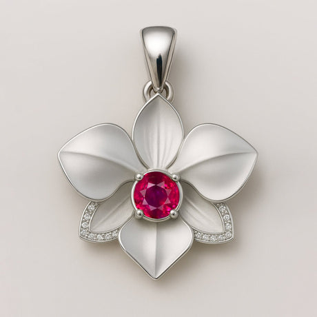 Orchid Pendant with Diamonds – Custom - Made in 18K Gold with Gemstone of Choice