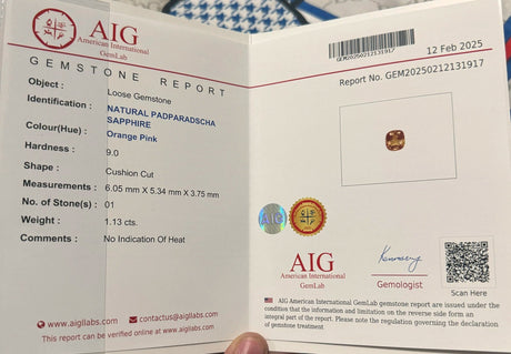 Padparadscha Sapphire 1.13 ct – Orange Pink, Cushion Cut, AIG Certified