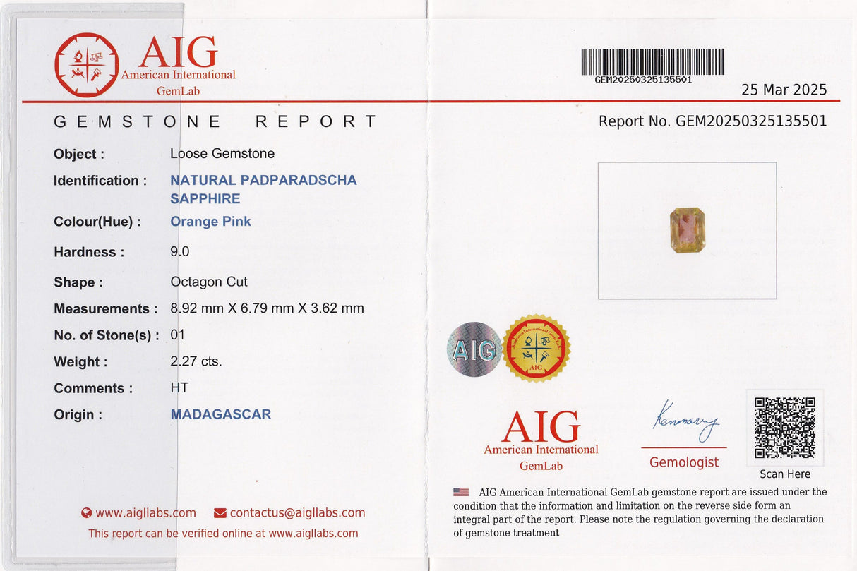 Padparadscha Sapphire 2.27 ct – Orange Pink, Octagon Cut, AIG Certified