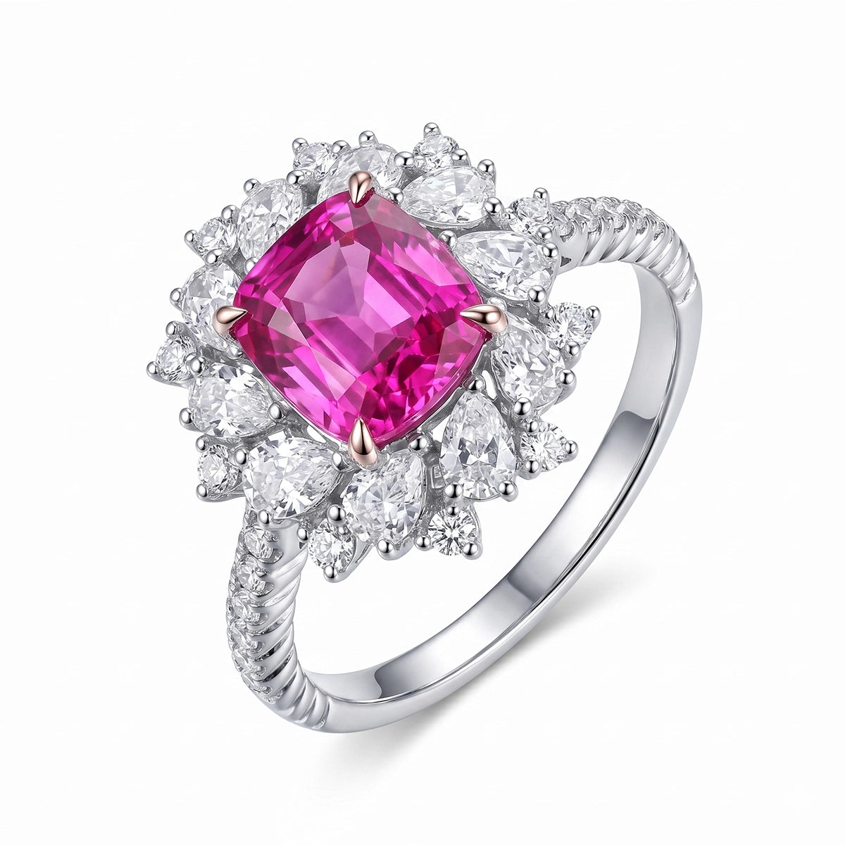 Unheated Pink Sapphire Ring 1.50 ct – 18K White Gold with Diamonds