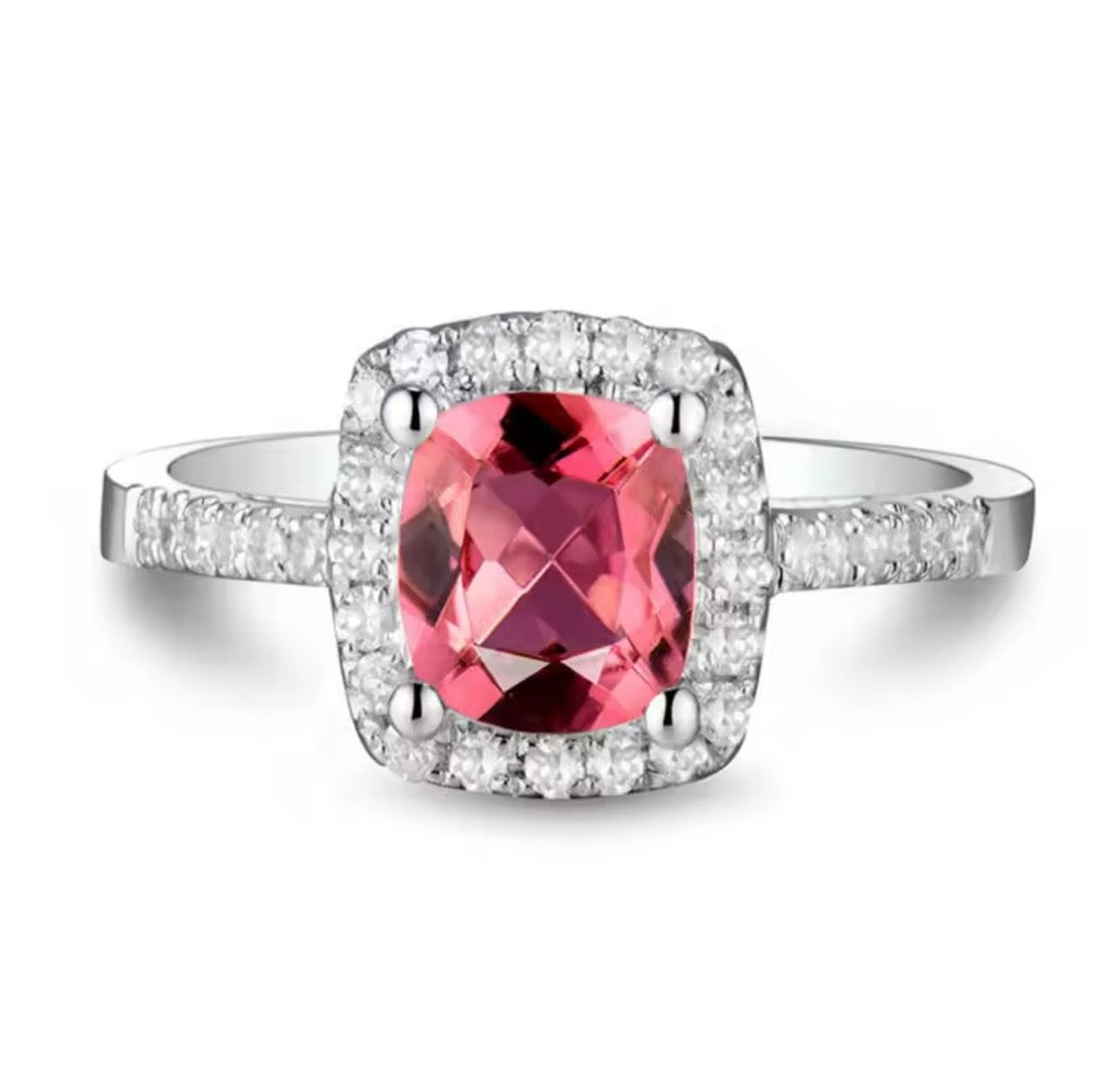 14K white gold pink tourmaline diamond ring with cushion cut natural tourmaline and diamond halo