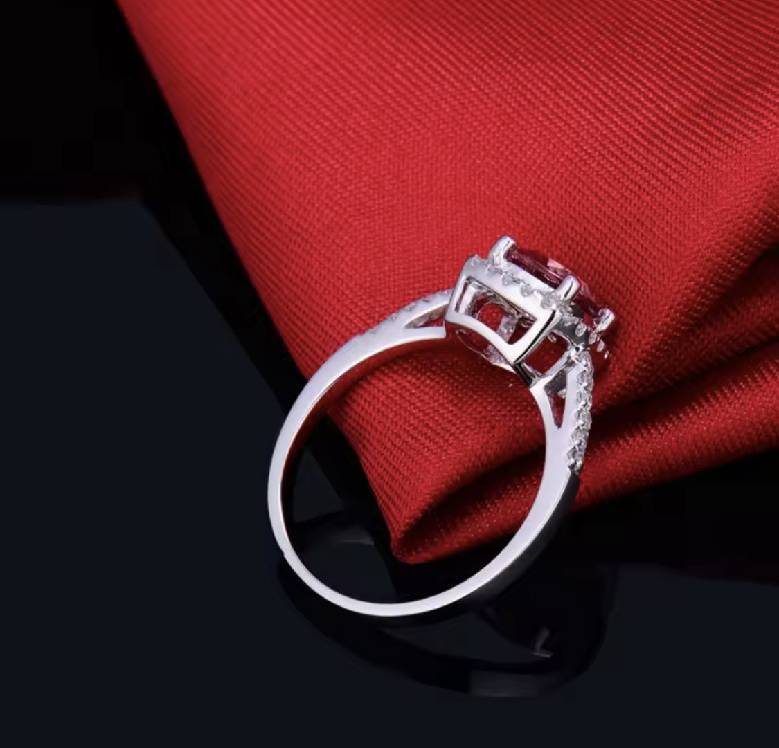 14K white gold pink tourmaline diamond ring with cushion cut natural tourmaline and diamond halo