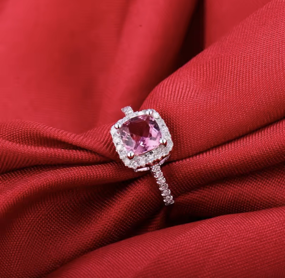 14K white gold pink tourmaline diamond ring with cushion cut natural tourmaline and diamond halo
