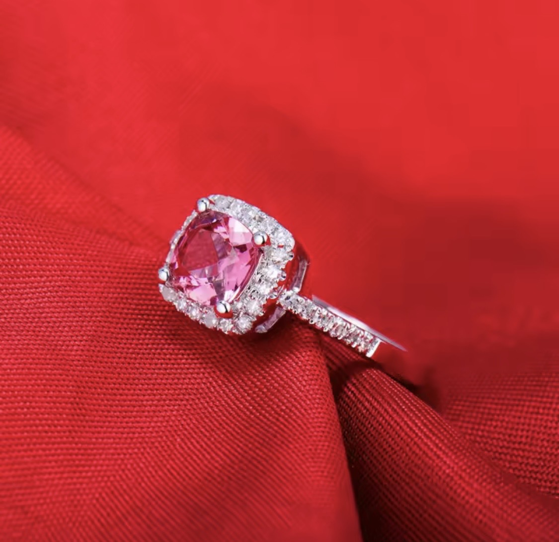 14K white gold pink tourmaline diamond ring with cushion cut natural tourmaline and diamond halo