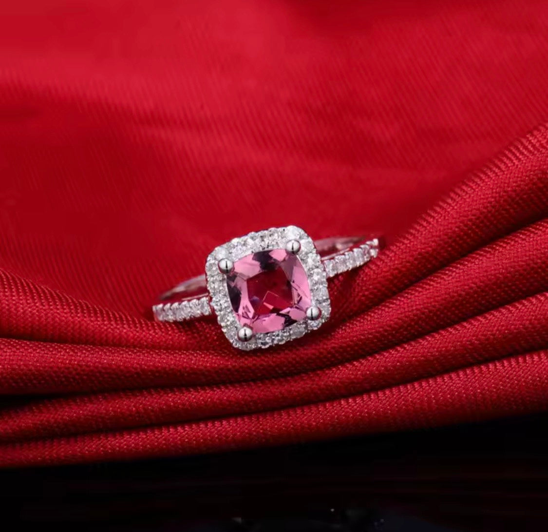 14K white gold pink tourmaline diamond ring with cushion cut natural tourmaline and diamond halo