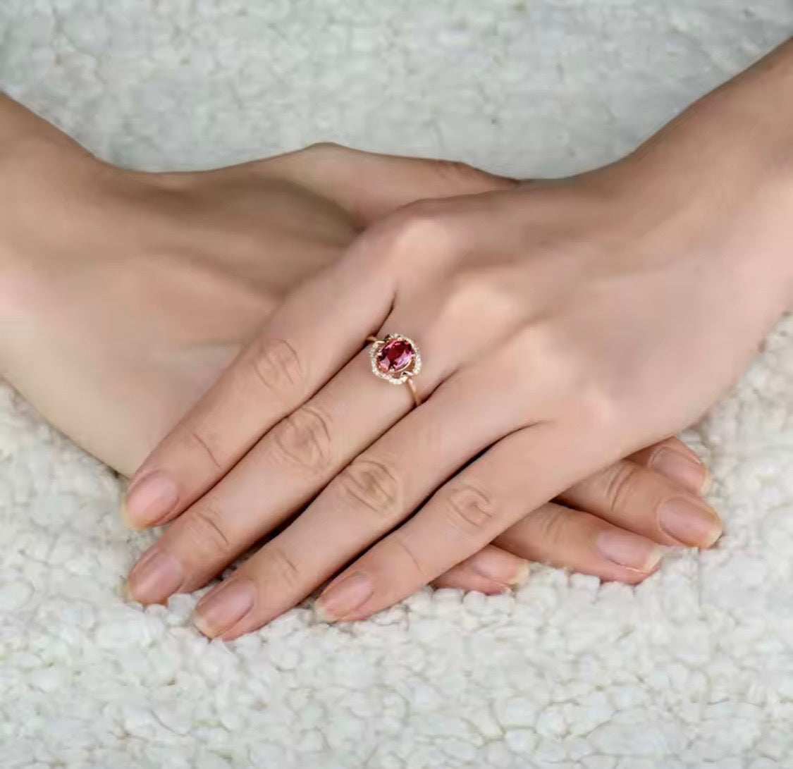 18K rose gold pink tourmaline diamond ring with oval 6x8 mm natural tourmaline and diamond halo