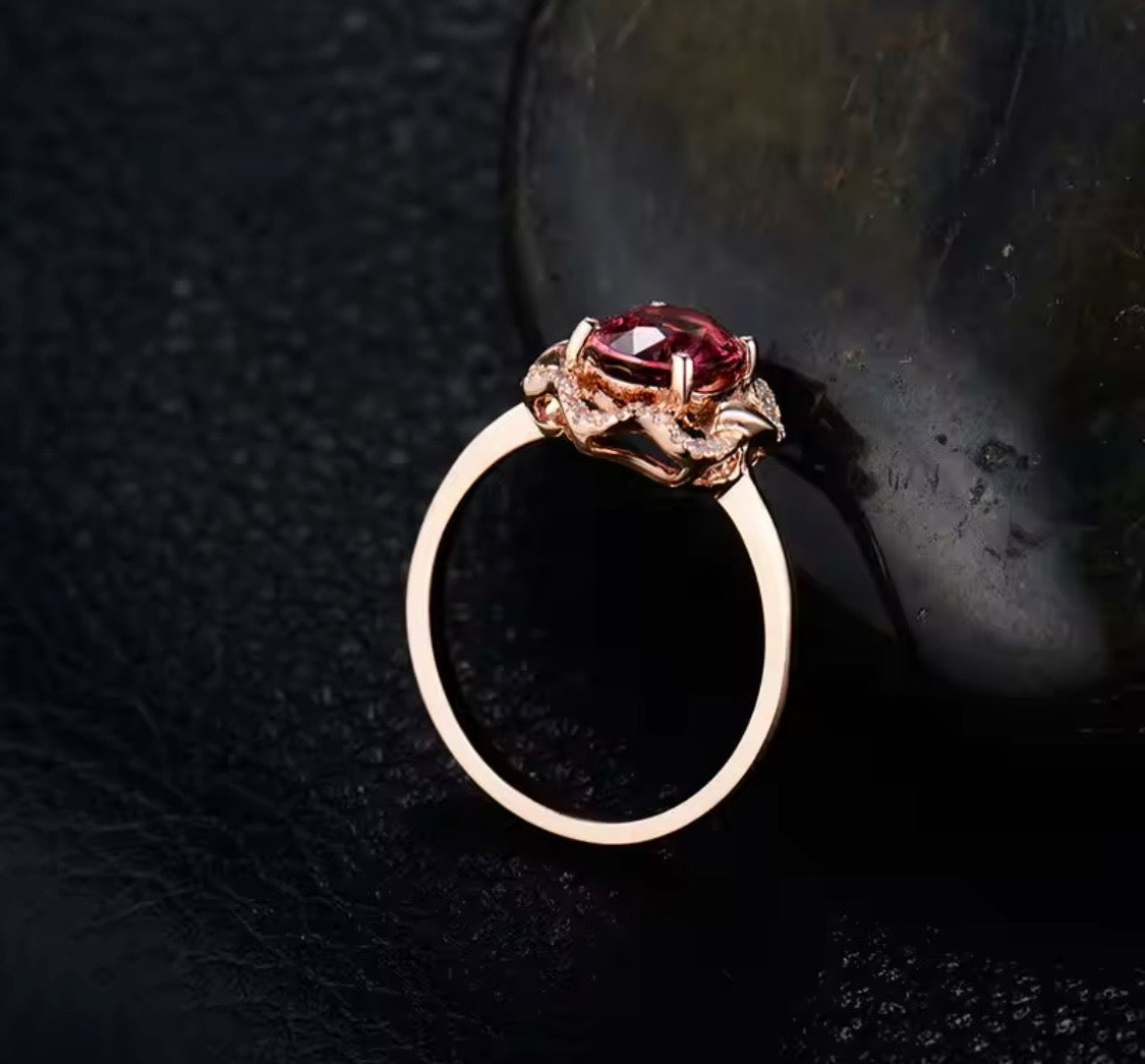 18K rose gold pink tourmaline diamond ring with oval 6x8 mm natural tourmaline and diamond halo