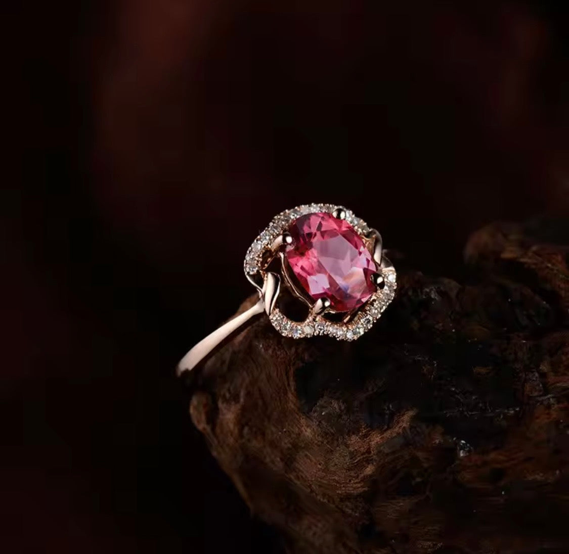 18K rose gold pink tourmaline diamond ring with oval 6x8 mm natural tourmaline and diamond halo