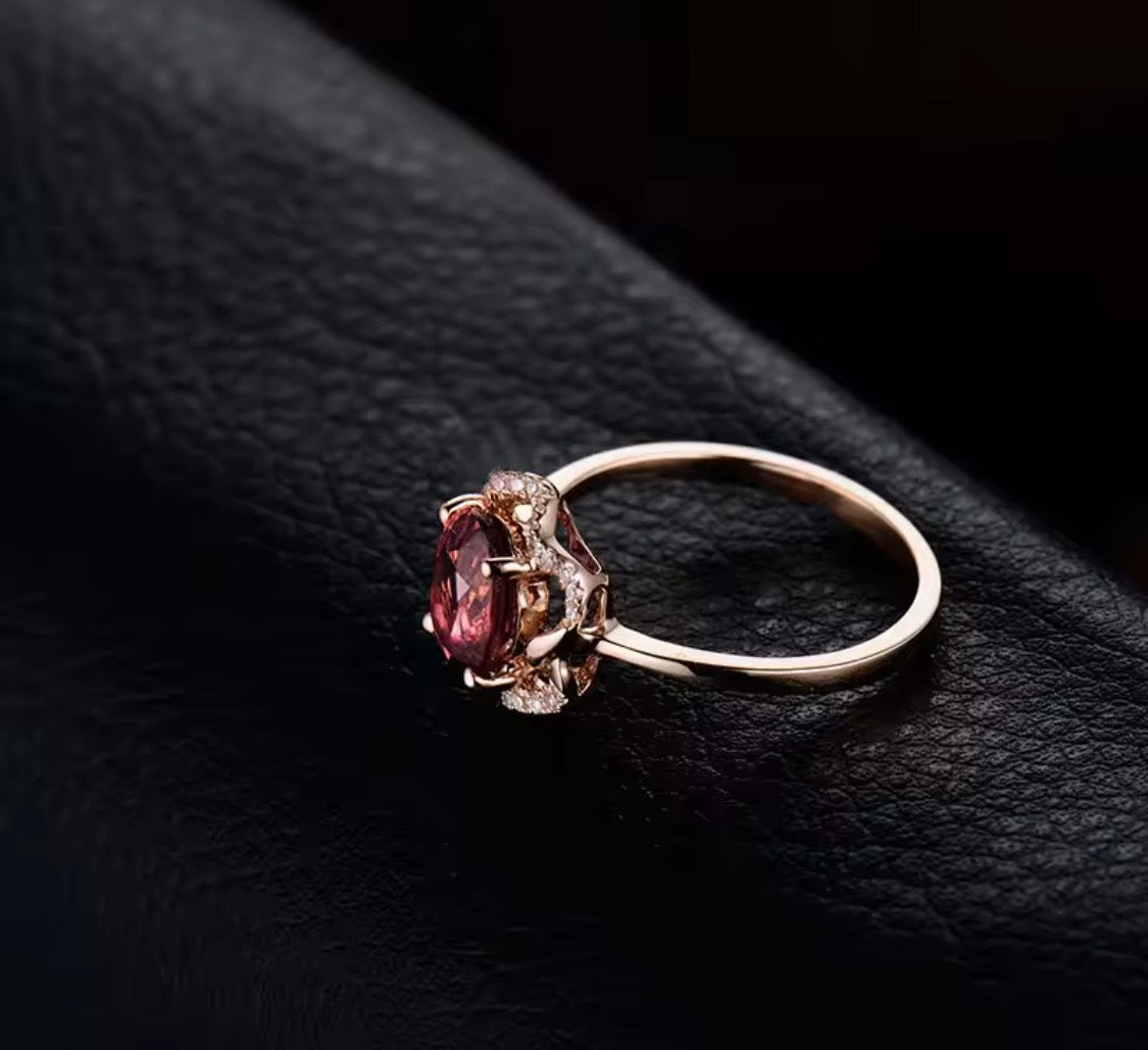 18K rose gold pink tourmaline diamond ring with oval 6x8 mm natural tourmaline and diamond halo