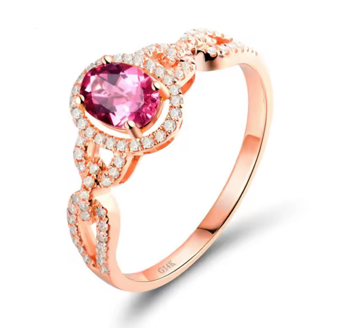 14K rose gold pink tourmaline engagement ring with oval gemstone and diamond halo