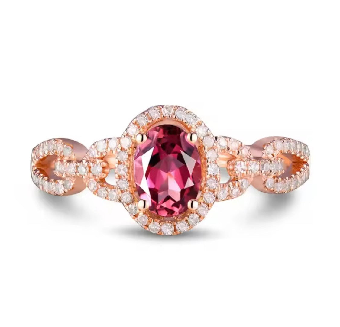 14K rose gold pink tourmaline engagement ring with oval gemstone and diamond halo