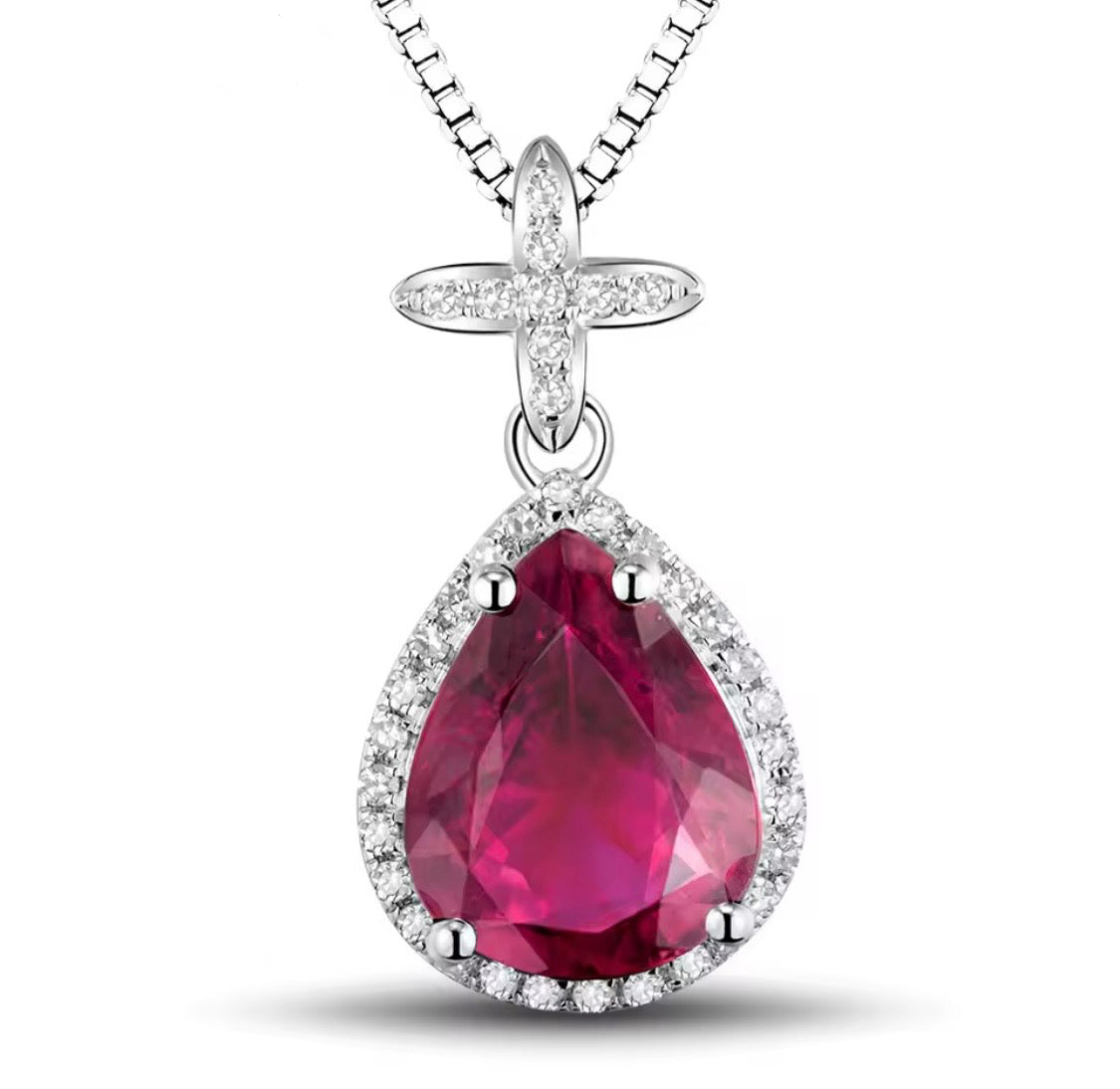 14K white gold pink tourmaline pendant with pear cut gemstone and diamond halo design