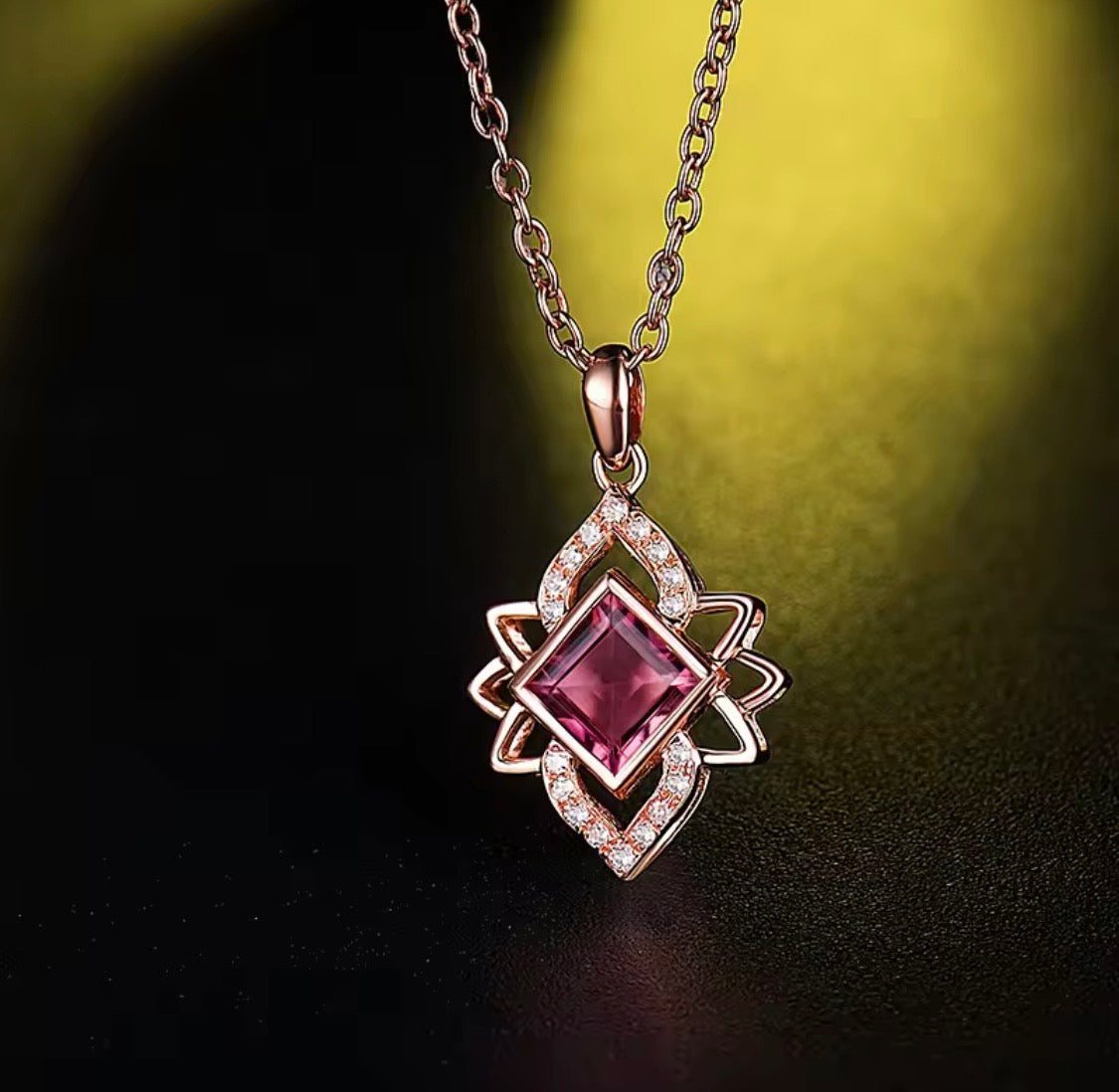 14K rose gold pink tourmaline pendant with princess cut gemstone and diamond accents