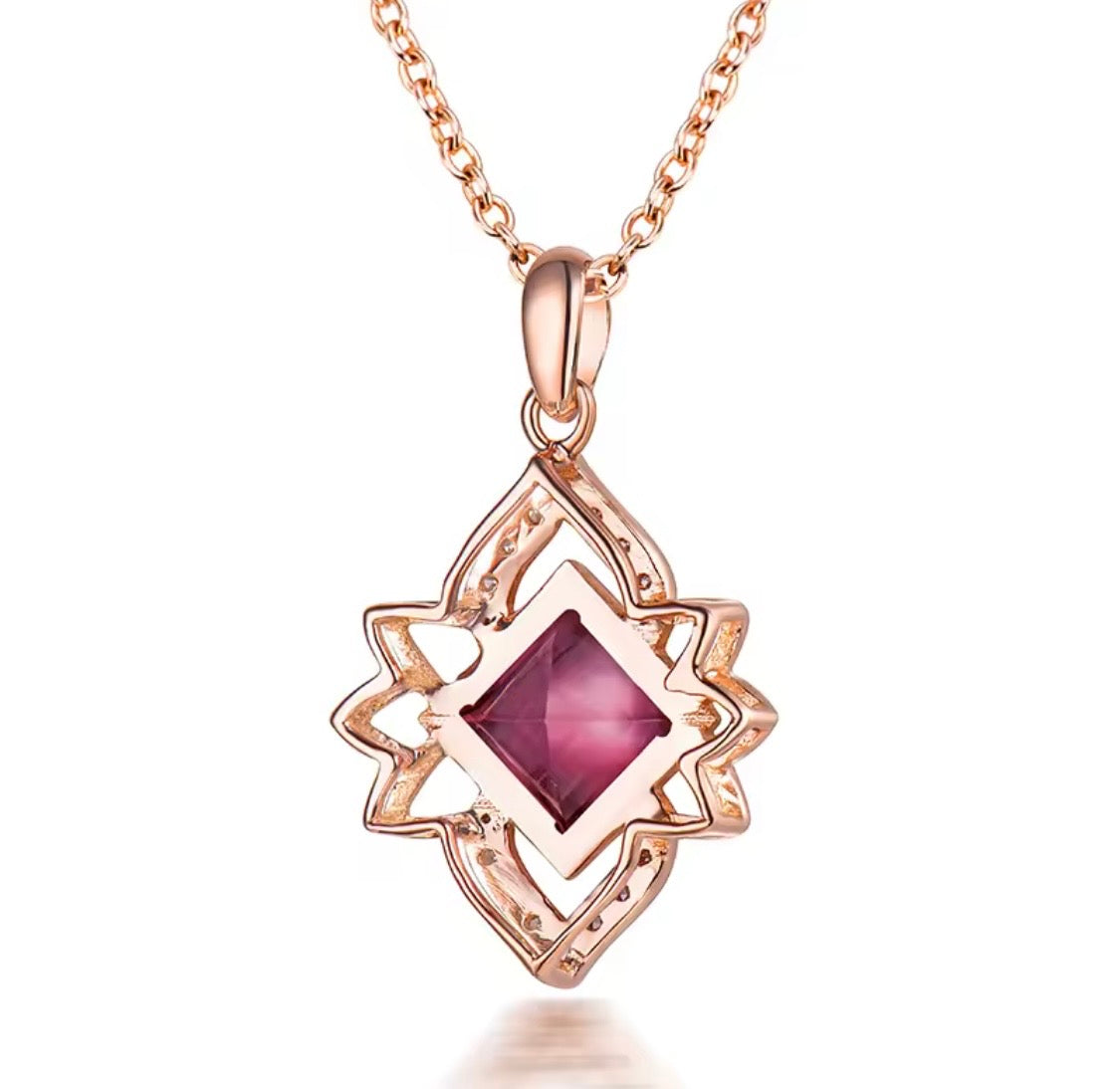 14K rose gold pink tourmaline pendant with princess cut gemstone and diamond accents