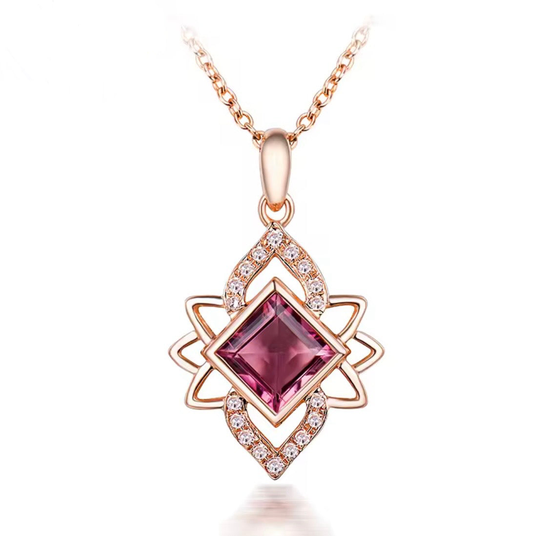 14K rose gold pink tourmaline pendant with princess cut gemstone and diamond accents