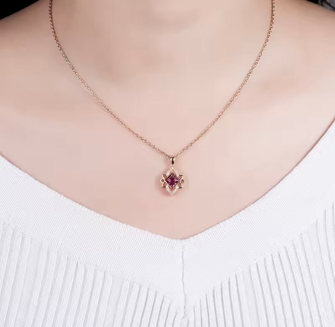 14K rose gold pink tourmaline pendant with princess cut gemstone and diamond accents