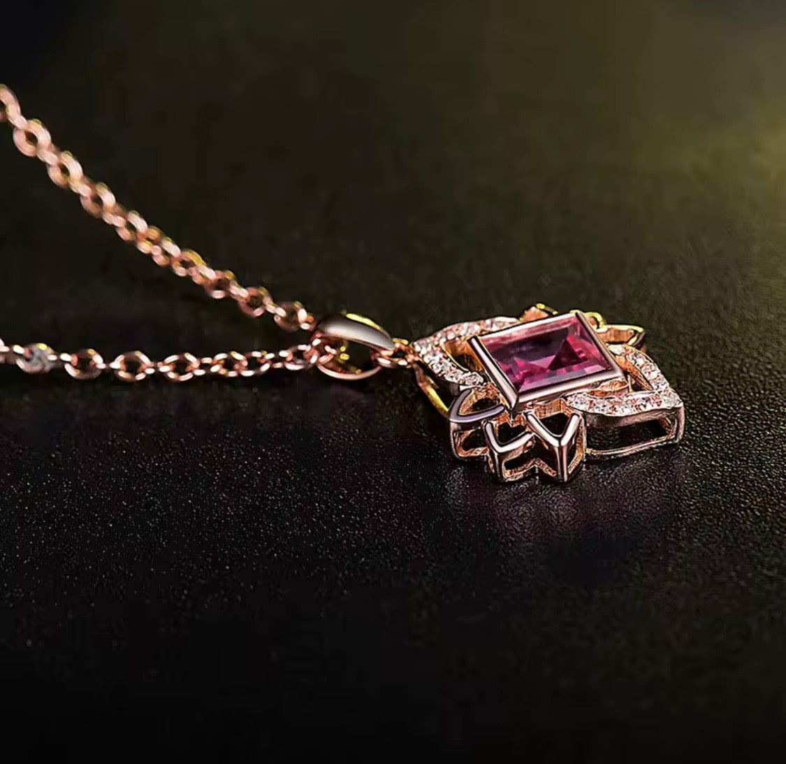 14K rose gold pink tourmaline pendant with princess cut gemstone and diamond accents