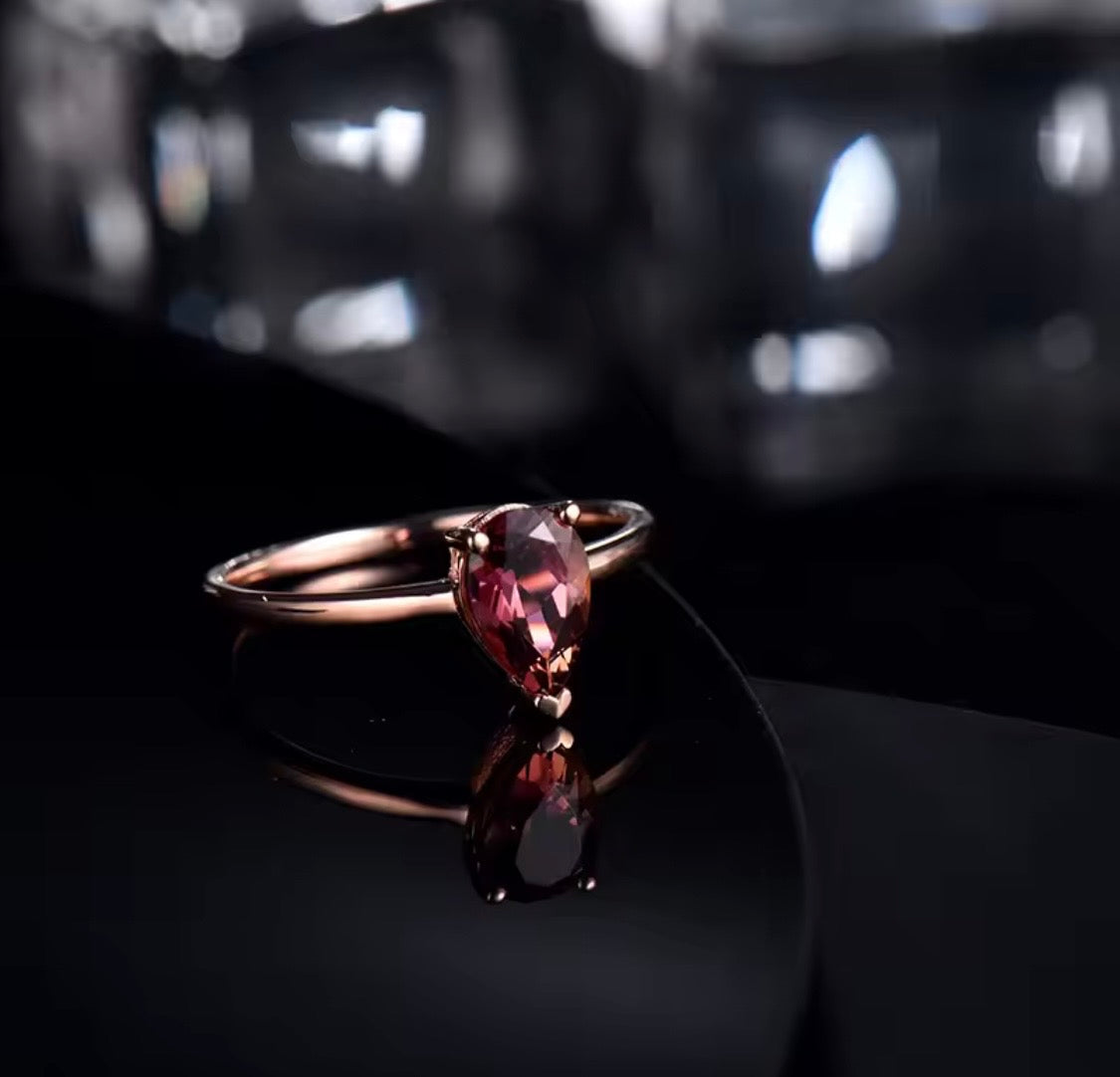 14K rose gold pink tourmaline ring with pear cut natural gemstone minimalist design