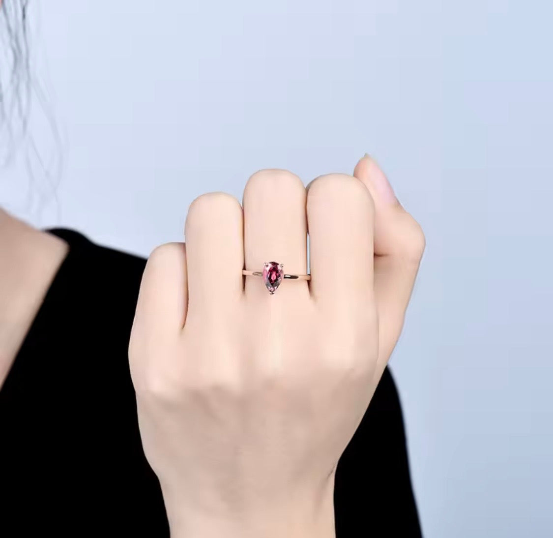 14K rose gold pink tourmaline ring with pear cut natural gemstone minimalist design