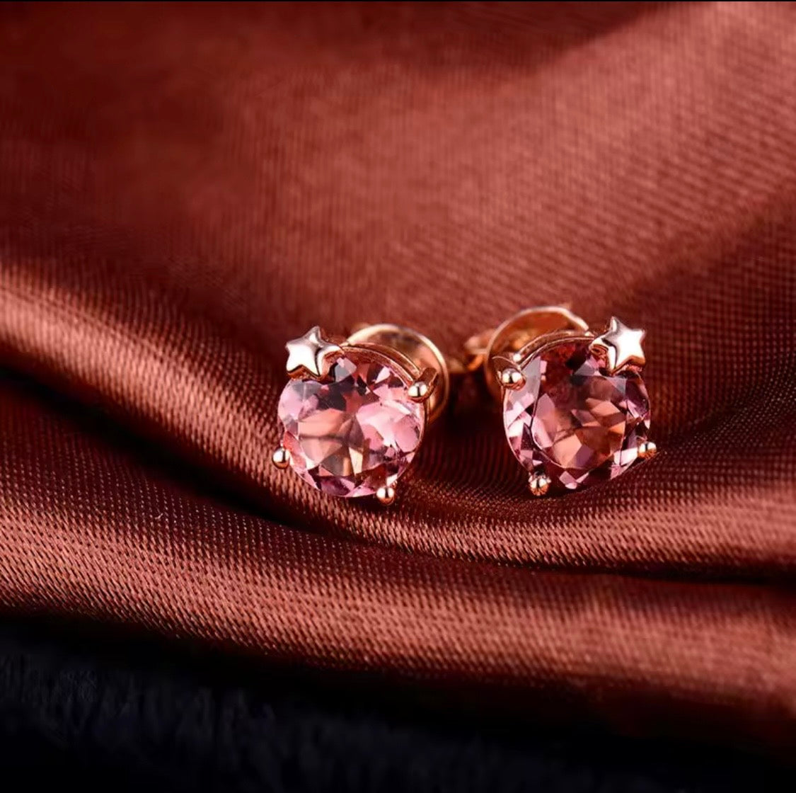 18K rose gold pink tourmaline stud earrings with 6mm round natural tourmaline and star detail