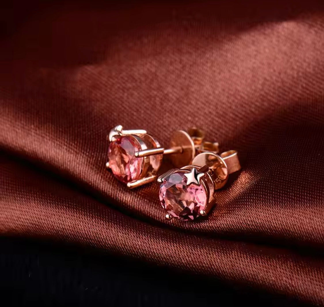 18K rose gold pink tourmaline stud earrings with 6mm round natural tourmaline and star detail