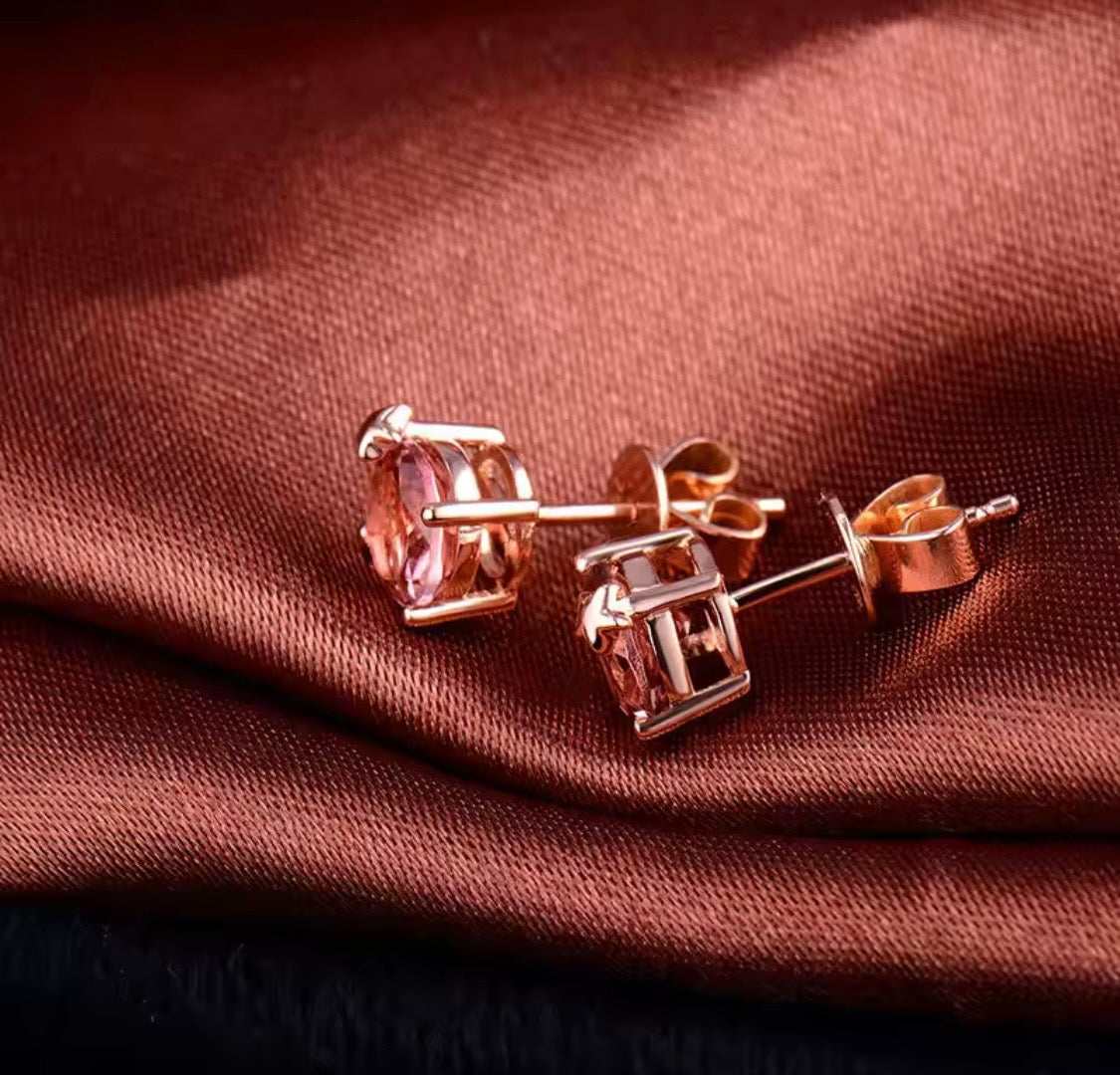 18K rose gold pink tourmaline stud earrings with 6mm round natural tourmaline and star detail
