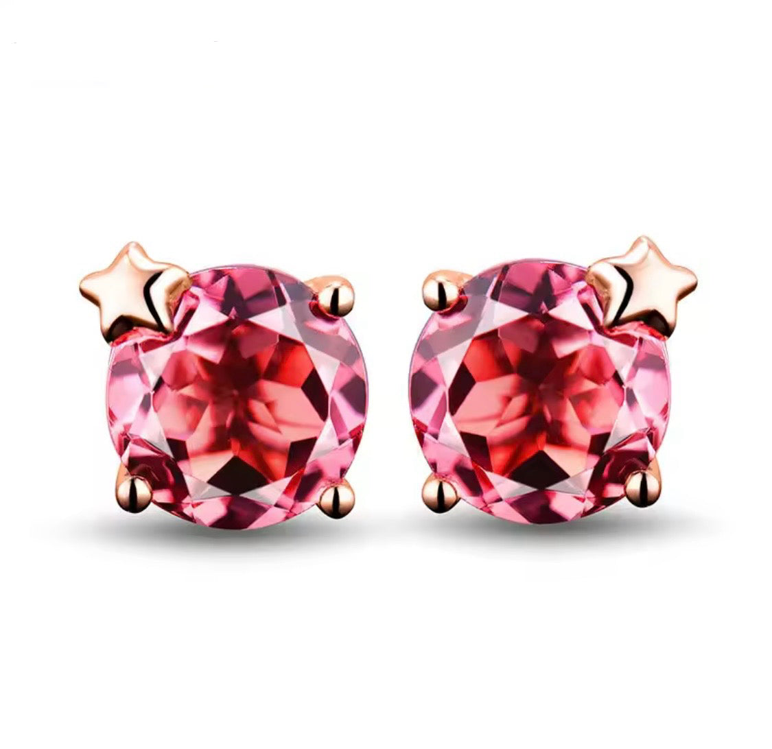 18K rose gold pink tourmaline stud earrings with 6mm round natural tourmaline and star detail
