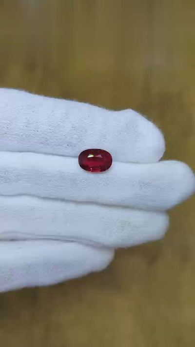 Natural Mozambique ruby, 3.06 carats, oval mixed brilliant cut, vivid Pigeon Blood red, eye-clean, untreated, GRS certified