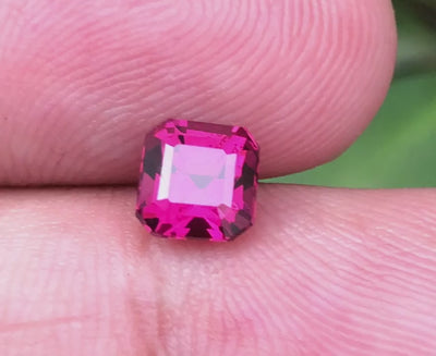 Natural rhodolite garnet, 1.85 carats, Asscher cut, IF–VVS clarity, untreated, pinkish-red color