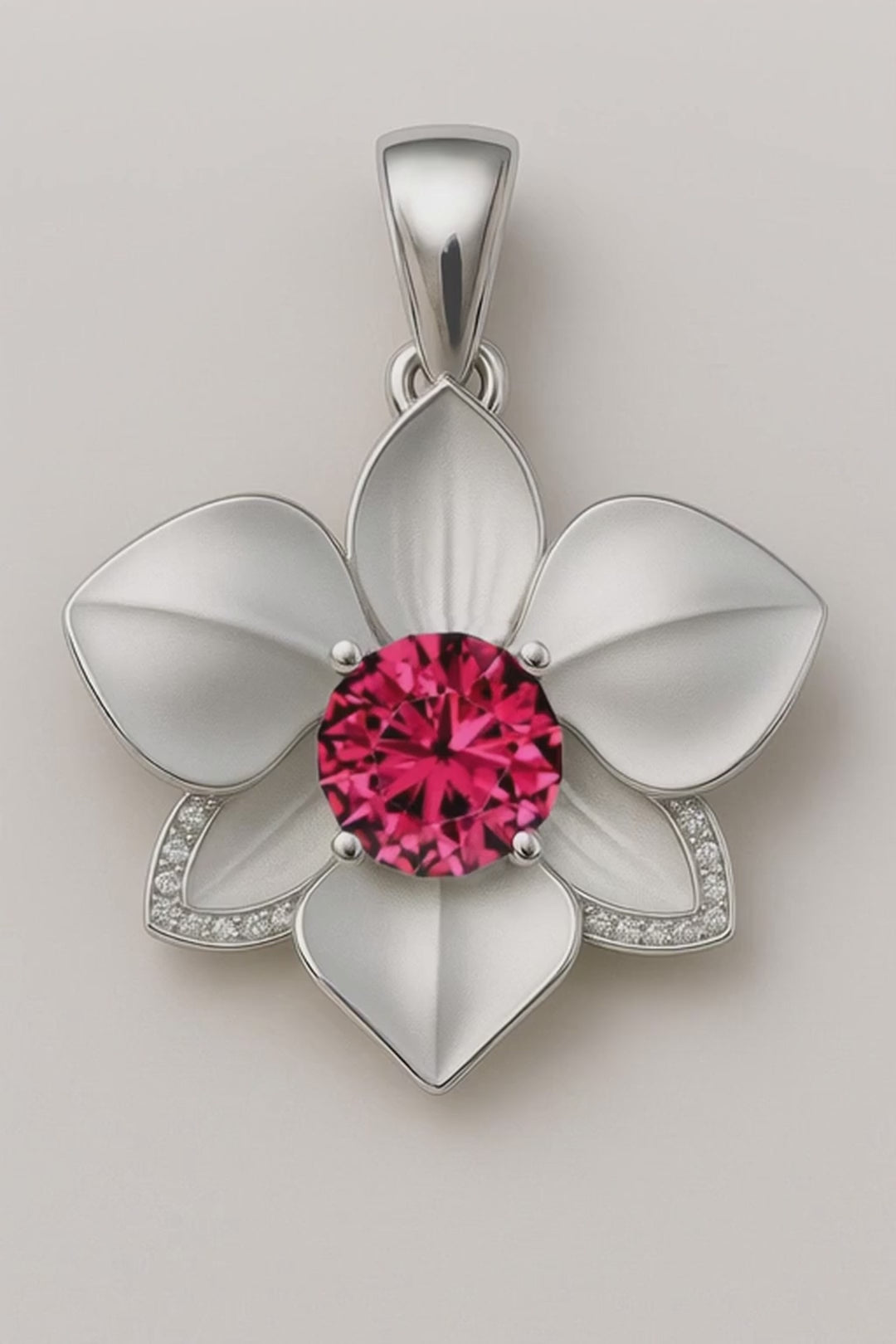 Pendant white gold with natural ruby and diamonds in flower orchid shape