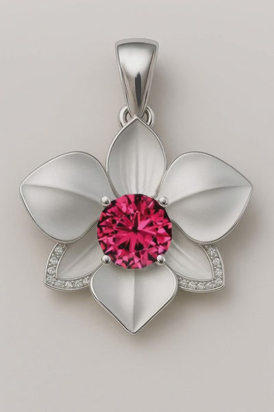 Pendant white gold with natural ruby and diamonds in flower orchid shape