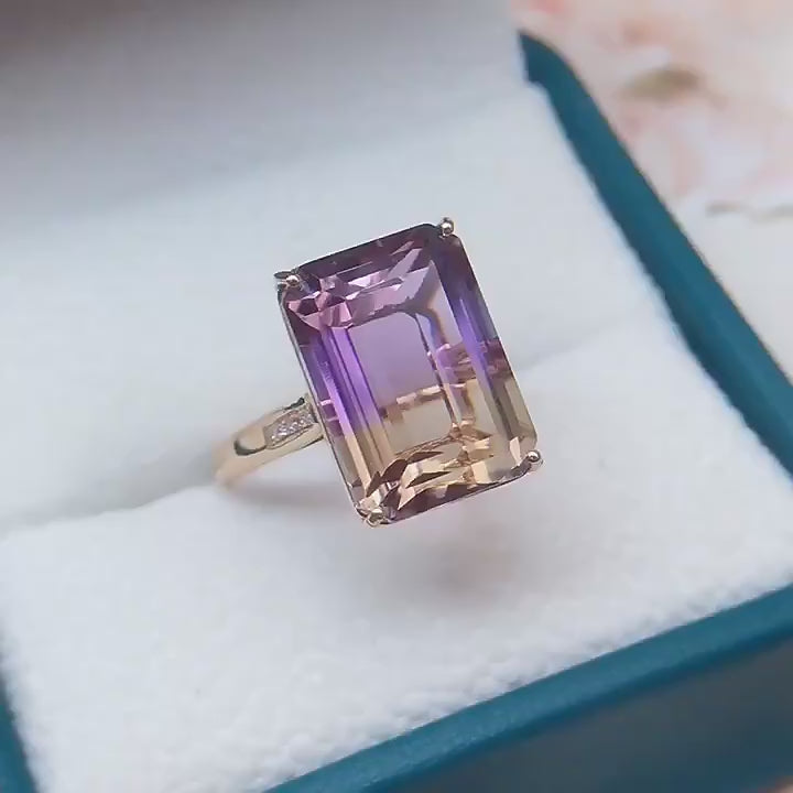 18k rose gold ring with natural 9.2 ct emerald-cut ametrine and white diamond accents